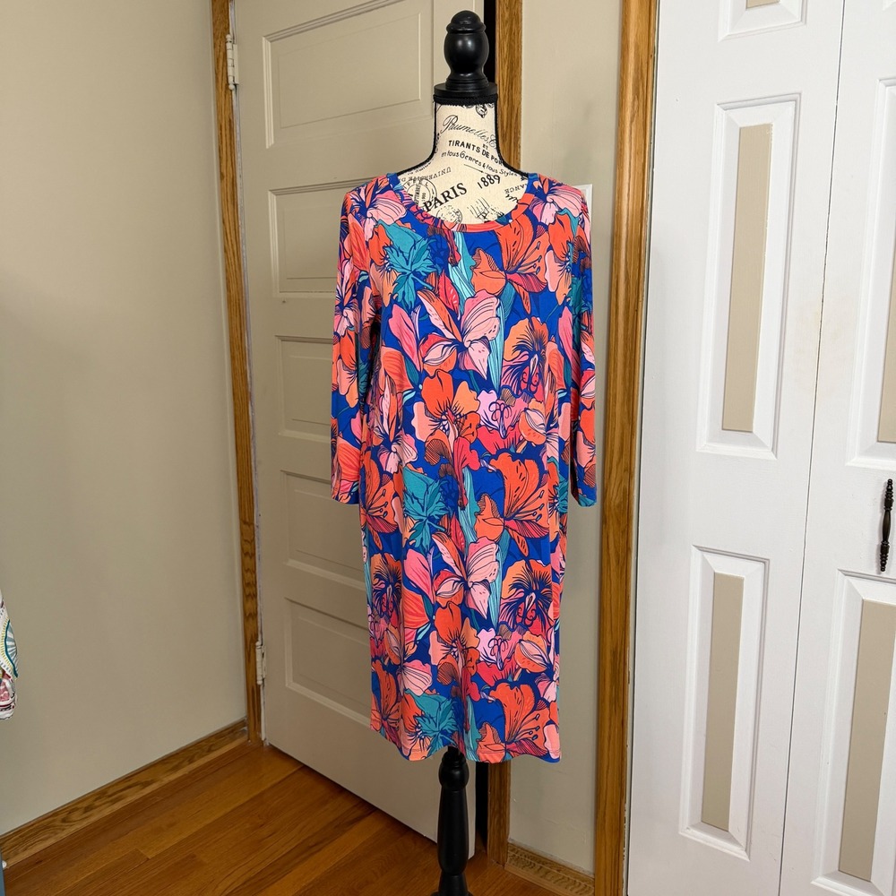 Anthropologie Fleur Bleue LG Floral Shift Dress Hibiscus Midi Bright Tropical